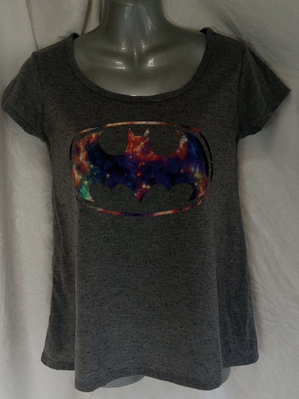 Batman Women's T-Shirt Light Gray Galaxy Batman Logo On Front Size Small